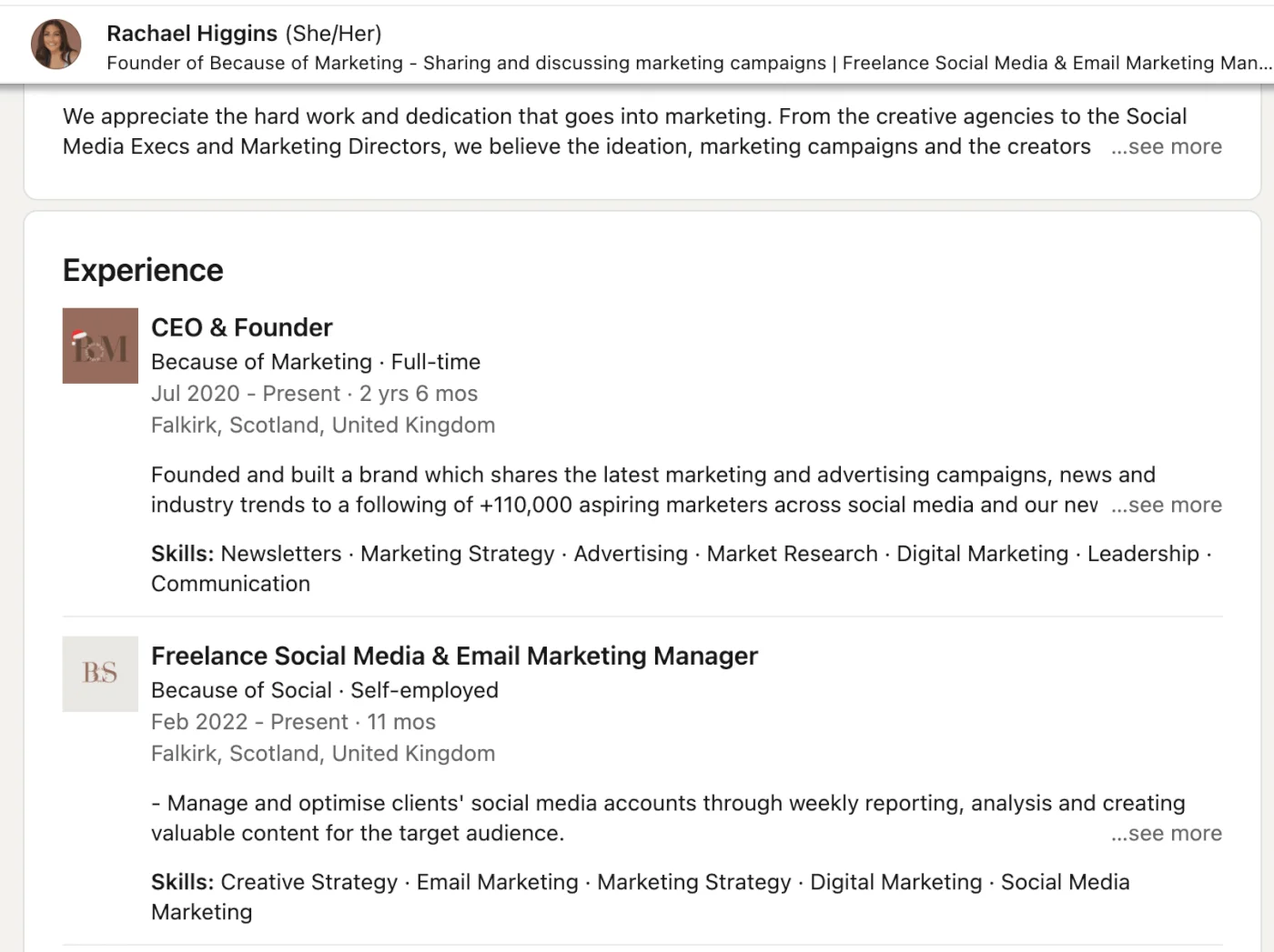 linkedin profile experience skills section