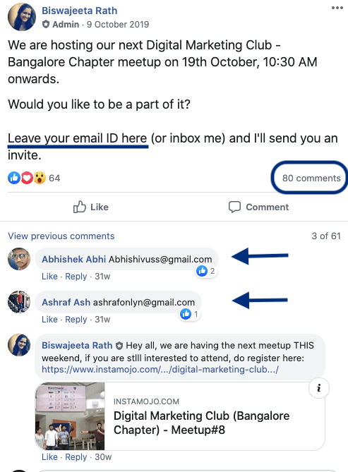 find emails in the comments on Facebook post